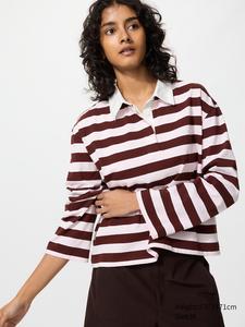 Поло из стираного хлопка в полоску, длинный рукав Uniqlo, 38 dark brown