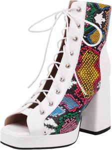 Женская мода: ботильоны с открытым носком на массивном каблуке 9,5 см, короткие многокрасочные с кружевами и платформой, офисный стиль LYYSKY, Snakeskin(5731)