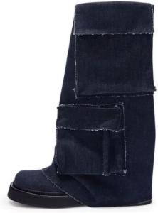 Женские ботинки на средней-низкой платформе с широким голенищем - круглый носок, ковбойские сапожки на толстой подошве для широкой голени Fuazuzu, Denim