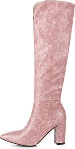 Женские сапоги Yolkomo до колена с острым носком, массивным каблуком, кожаные зимние сапоги на подъем, Pink Snakeskin