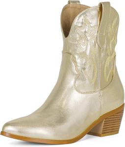 Женские ковбойские сапоги STALOV в западном стиле, с вышивкой, серебристые, до щиколотки, с заостренным носком, без застежки, на блочном каблуке, повседневные, для весны и осени, для ковбоев и верховой езды