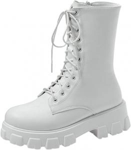 Мужские кожаные ботинки на платформе с шнуровкой, боковой молнией и массивной рифленой подошвой, высокие мотоциклетные ботинки, удобные, водонепроницаемые и противоскользящие Generic, White