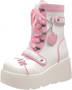 Платформенные ботинки для женщин в готическом стиле, с шнуровкой, боевые ботинки из искусственной кожи, панк с пряжками, средние по голени, для верховой езды Zzalalana, Pink