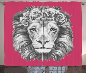 Штора ABAKUHAUS Лев в деревенском стиле, венок с изображением диких животных, штора из тесьмы для спальни со сборками, петлями и крючками, 280 x 175 см, цвет: пурпурный, серый и белый Abakuhaus