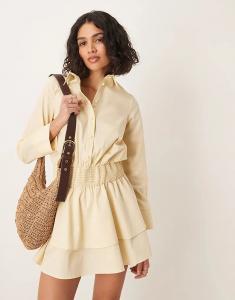 Мини-платье-рубашка с отделкой в сборку в каменном цвете ASOS DESIGN