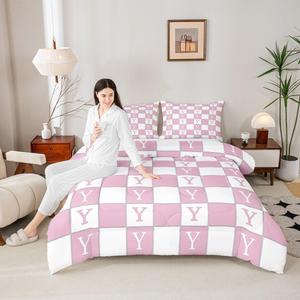 Erosebridal Комплект постельного белья Y Monogram розовый и белый клетка для девочек, Pink Y