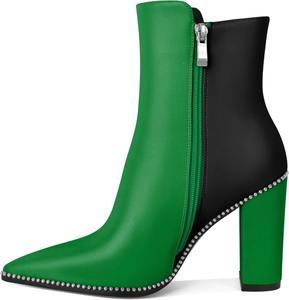 Younton Женские короткие ботильоны с заостренным носком, декорированные бусинами, массивным каблуком 3,7 дюйма и боковой молнией