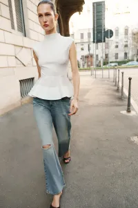 Топ с баской и контрастной тканью Zara, белый