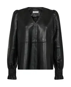 Черная кожаная блузка с V-образным вырезом Co'Couture, черный