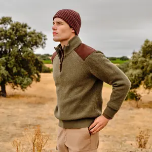 Мужской джемпер с половинной застежкой-молнией и нашивками Verhunt, зеленый