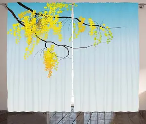 Штора ABAKUHAUS в деревенском стиле с цветочным рисунком, бутонами цветов, присборенная штора для спальни с петлями и крючками, 280 x 175 см, цвет: желто-коричневый, синий Abakuhaus