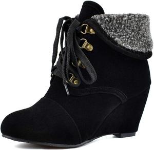 Женские зимние ботильоны MIOKE на танкетке с мехом, замшевые, с круглым носком, шнуровкой, массивным высоким каблуком и манжетой, элегантные короткие ботинки, Black-Velvet Lined