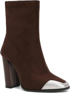 Женские ботинки на шнуровке Alyaafifa с высокими каблуками, закругленным носком и молнией, 4-дюймовый массивный каблук, замшевая кожа, элегантные короткие ботильоны для вечеринок и мероприятий, Dark Brown - Silver Toe Cap