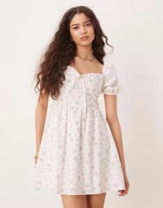 Гламурное мини-платье молочницы с рукавами-фонариками в розовом меланжевом цветочном узоре Glamorous