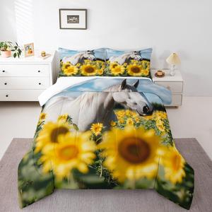 Erosebridal Комплект постельного белья 3D White Horse с подсолнухами и дикими животными в деревенском стиле, White,yellow