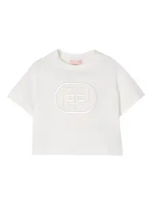 Укороченная футболка с вышитым логотипом Elisabetta Franchi Kids, белый