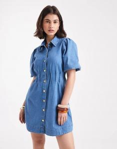 Мини-платье Vero Moda из джинсовой ткани с рукавами-фонариками и плиссировкой на талии, средне-синего цвета