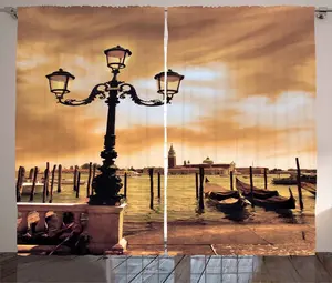 Штора в стиле Венеция в деревенском стиле от ABAKUHAUS, Lagoon Boats Markus, присборенная штора из тесьмы для спальни с петлями и крючками, 280 x 245 см, цвет: бледно-коричневый, черный Abakuhaus