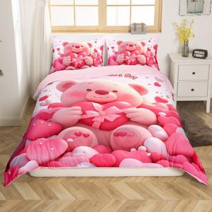 Erosebridal Комплект постельного белья Happy Valentine's Day с мишками и сердечками, розовый, Pink White