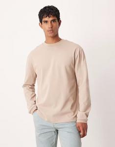 Плотная свободная футболка бежевого цвета с длинными рукавами и манжетами Asos Design