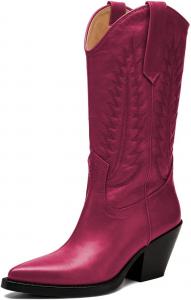 Женские ковбойские сапоги средней длины с вышивкой, заостренный носок, на толстом каблуке средней высоты, широкая голень, удобные зимние повседневные западные сапоги, размер 4-16 US Wansseny, Wine Red