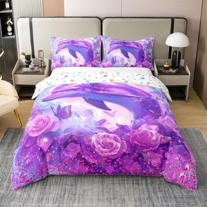 Erosebridal Комплект постельного белья Dolphin из 100% хлопка с морским принтом для детей, Purple