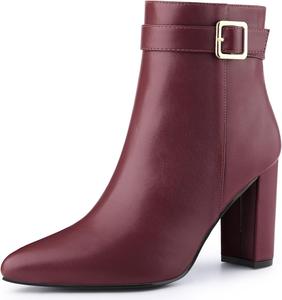 Женские ботильоны Allegra K с заостренным носком, декором в виде пряжки и каблуком, Burgundy