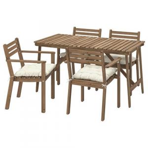 Стол+4 стула с подлокотниками, на открытом воздухе ASKHOLMEN IKEA, 143x75 см, цвет acacia/kuddarna light grey-beige