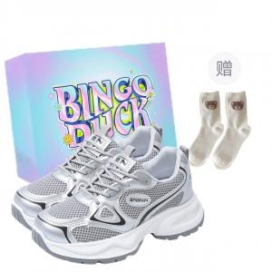 BINGO DUCK Серебряные противоскользящие дышащие женские кроссовки на платформе с низким верхом + эксклюзивная коробка + носки в подарок, цвет Silver+Exclusive Shoe Box+Gift Socks