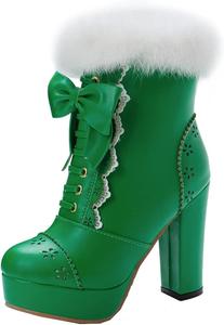 Женские ботильоны VOKLIN в стиле Лолита с бантом, меховой платформой и высоким каблуком, с круглым носком и молнией, элегантные короткие ботинки, Green-Velvet Lined