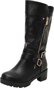 Женские высокие сапоги до колена для верховой езды, модные, с боковой молнией, на устойчивом низком каблуке Generic, Black