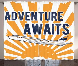 Штора ABAKUHAUS Adventure Rustic, Путешествие на самолете по солнечной стороне, присборенная тесьма для спальни с петлями и крючками, 280 x 175 см, цвет: темно-синий, оранжевый Abakuhaus