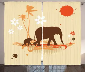 Штора ABAKUHAUS Слон в деревенском стиле, Сафари: Тропические страны, присборенная тесьма для спальни с петлями и крючками, 280 x 225 см, цвет: оранжево-коричневый, кремовый Abakuhaus