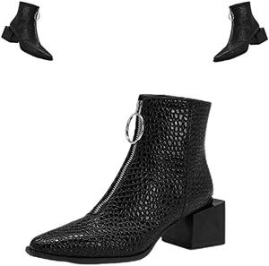 Женские ботильоны DevilAngel с передней застежкой-молнией, змеиный принт, массивный каблук. Осень и зима, ботильоны с низким каблуком, цветной блок с узором под змеиную кожу., Black