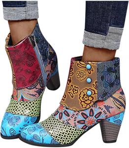 Ковбойские ботинки из зминой кожи для женщин, круглый носок, ботильоны на молнии, модные массивные высокие каблуки, короткие ботильоны для дам Generic, Color-E