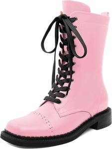Женские ботильоны SAMMITOP с шнуровкой, средние сапоги до середины голени, боевые ботинки с массивным низким каблуком, квадратный носок, молния, модная обувь для выхода, каблук 1,4 дюйма, Pink