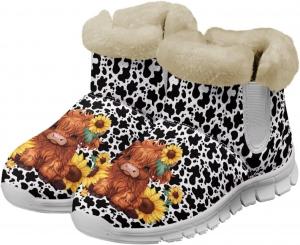 Женские зимние сапоги Howilath, утепленные ботильоны с флисовой и меховой подкладкой для путешествий и отдыха, Cattle Sunflower Cow Print