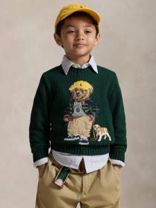 Детский свитер с медведем из хлопка с воротником-поло Ralph Lauren, Moss Agate