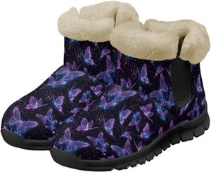 Женские теплые зимние ботинки UNICEU Fuzzy с искусственным мехом, для улицы, удобные, на мягкой подошве, короткие ботильоны на молнии, Purple Bling Butterfly