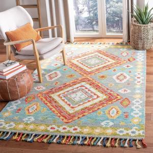 Ковер SAFAVIEH, 214 x 214 см, Aspen Collection - Grey & Red, ручной работы, бохо, с ромбовидным плетением и кистями из шерсти, идеален для помещений с высокой проходимостью в гостиной, спальне (APN119F)