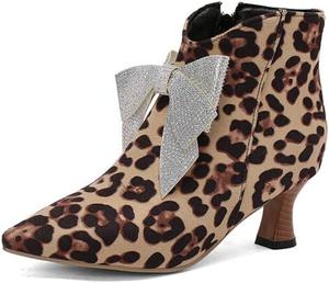 Женские короткие ботинки с острым носком и бантом, элегантные модные западные боевые ботильоны QSPGONA, Leopard Print