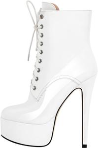 Женские ботильоны на щиколотку с короткой платформой, высокий каблук-стилет, ботинки в стиле милитари, закругленный носок, праздничная обувь, на шнуровке, лакированные, сексуальные, модные, каблук 16 см Vecipatcare, White