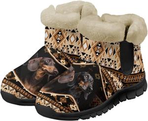 Зимние женские ботинки с теплой пушистой подкладкой, снежные ботинки на ходьбу, слипоны, ботильоны, с принтом собаки Chririnla, Western Aztec Style Dachshund Dog