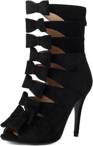 UP2STEP Women Peep Toe Ankle Bootie Suede Stiletto High Heels Velvet Bowknot Straps Sandals Ankle Boots with Zip, Black