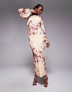 Платье миди ASOS DESIGN с длинными рукавами, вырезом-воротником, бежевым принтом и цветочным принтом