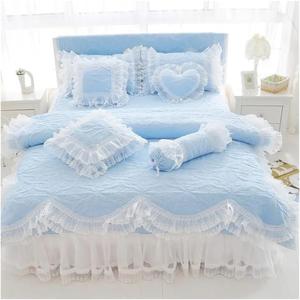 QuKan Комплект постельного белья из хлопка с белым кружевом и розовым принтом