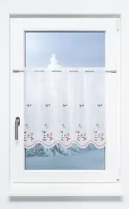 Занавеска для кафе из кружева Плауэн - снеговик с птицами (Ш x В) 64 см * 55 см, красный/красно-серебристый Plauener Spitze