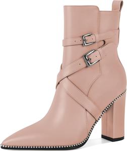 Женские ботильоны AUMOTED с заостренным носком, украшенные бисером, массивным каблуком 3,5 дюйма, с боковой молнией, вестерн-стиль, Matte Nude