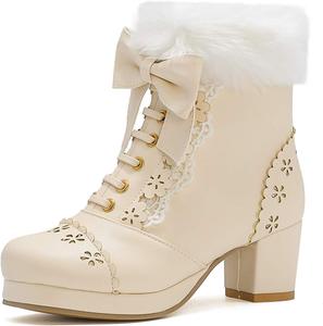 Женские модные блоки с массивным каблуком и платформой с боковой молнией, теплые меховые ботинки на щиколотке, короткие короткие ботинки Sweet Bownot Lolita Hollow Out LYYSKY, Beige