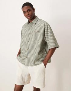 Рубашка свободного кроя в полоску с вышивкой на груди зеленого цвета от ASOS DESIGN